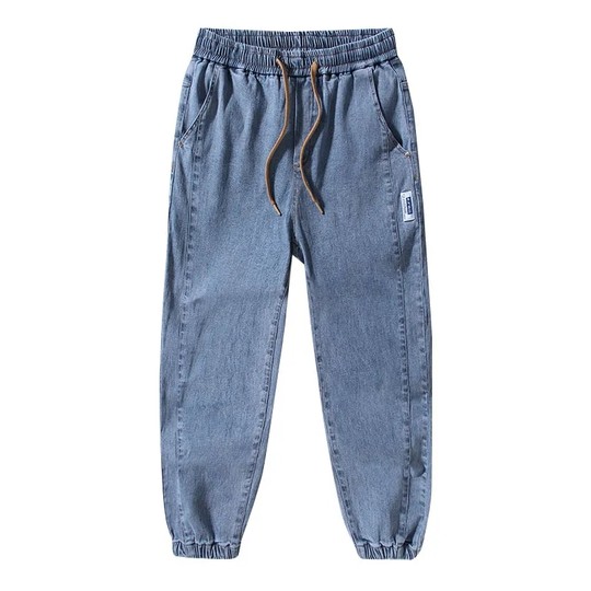 牛仔裤男款弹力松紧腰束脚宽松工装休闲九分裤哈伦裤耐磨工作裤男