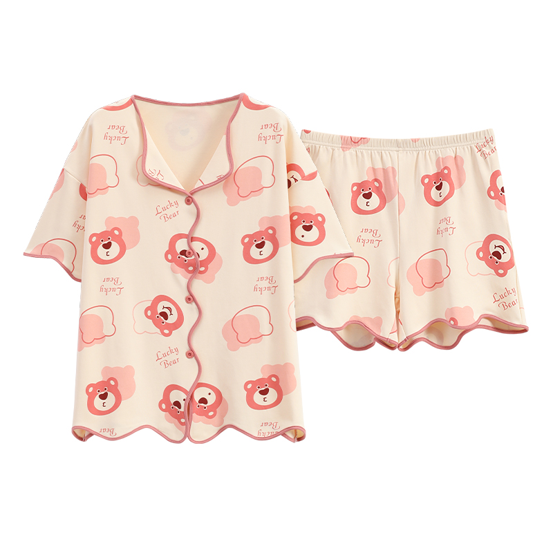 草莓熊睡衣女夏季短袖短裤纯棉可爱卡通甜美少女生夏天休闲家居服 - 图3