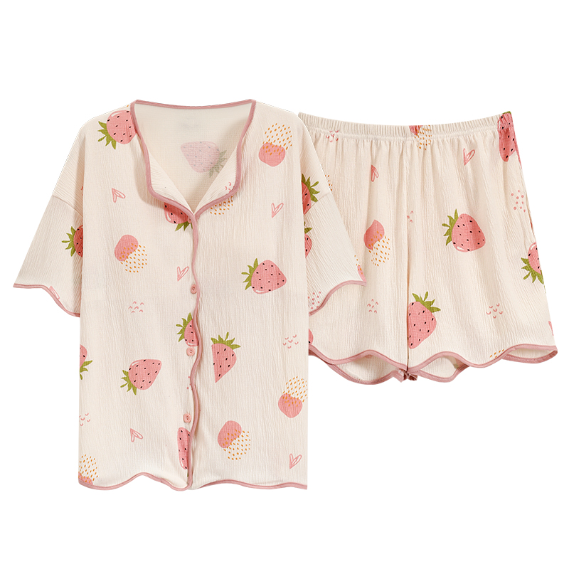 带胸垫一体睡衣女夏季纯棉短袖甜美可爱草莓少女生夏天薄款家居服