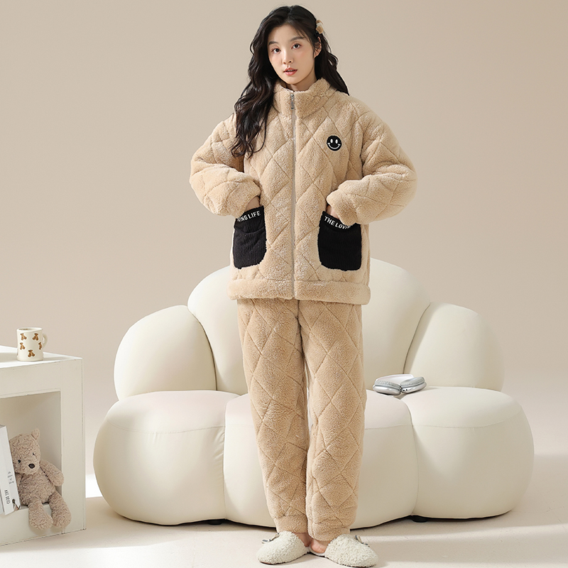 珊瑚绒睡衣女款冬季三层夹棉加绒加厚冬天保暖开衫拉链套装家居服 - 图0