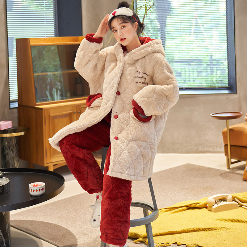 睡衣女款冬季珊瑚绒夹棉三层加绒加厚长款连帽甜美可爱卡通家居服,淘宝优惠券,粉丝福利购,淘宝优惠卷