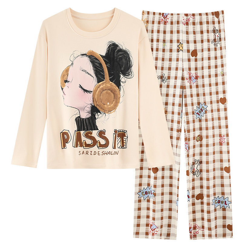 带胸垫纯棉睡衣女款秋冬季长袖卡通可爱少女学生春秋家居服可外穿,淘宝优惠券,粉丝福利购,淘宝优惠卷