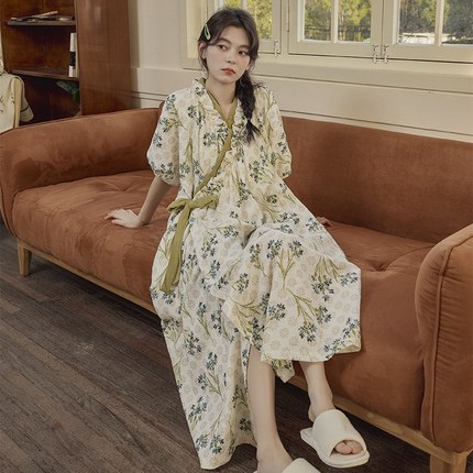 云朵棉系带睡袍女夏季甜美短袖睡裙和服中长款带胸垫睡衣家居服