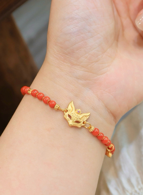 灵狐天然南红玛瑙手链女款纯银鎏金狐狸面具手串旺桃花人缘送证书