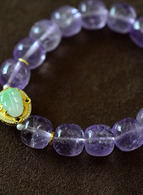 天然薰衣草紫水晶老型珠手串搭配翡翠纯银鎏金一叶暴富手链11mm