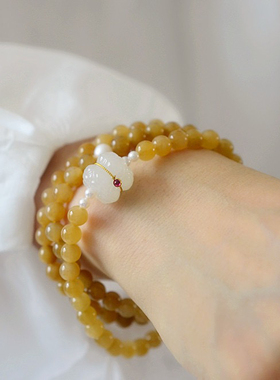 18k金镶嵌 新疆且末糖料天然和田玉多圈手链糖玉手串轻奢女款项链