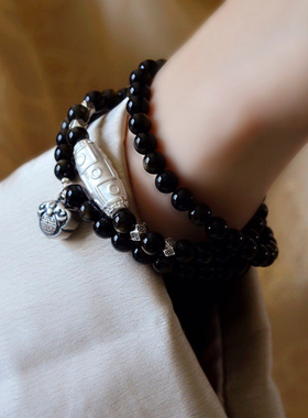 天然金曜石黑曜石国风复古天珠多圈手链女文玩纯银手串文艺项链