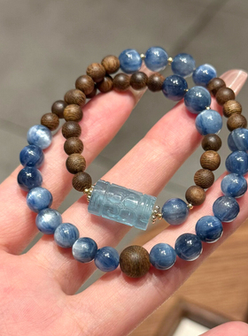 浣月 天然蓝晶石手链女款海蓝宝招财转运珠老山檀手串送生日礼物