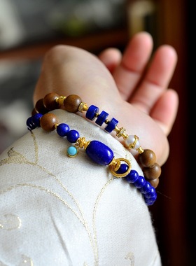 天然帝王青金石手链老山檀女款原创设计双圈手串招财转运珠送礼物