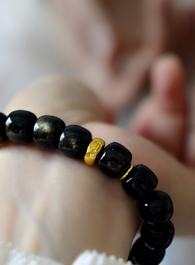 原创天然黑曜石金曜石手串男女款925银单圈手链幸运手饰生日礼物