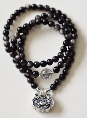 天然银曜石多圈手链女款纯银黑曜石项链手串送生日礼物轻奢好运