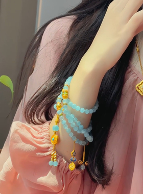 天然巴西海蓝宝手串108毛衣链女款纯银镀金多巴胺项链招财转运珠