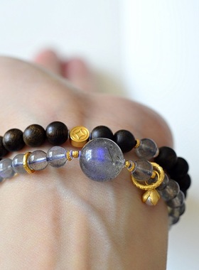 依月 | 原创设计天然灰月光石复古手串纯银鎏金沉香木双圈手链女