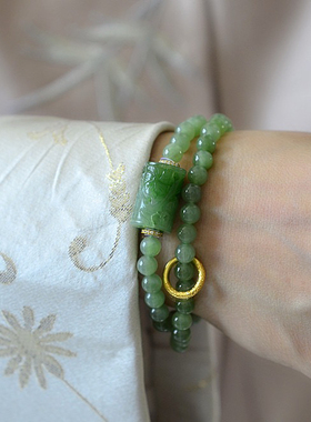 天然和田玉碧玉双圈手链女款手串时尚复古送女友闺蜜朋友生日礼物