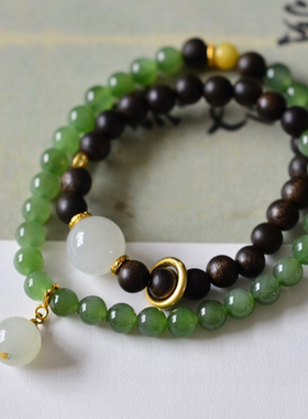 天然和田玉碧玉双圈手链女款时尚复古奇楠沉香木手串送礼物首饰