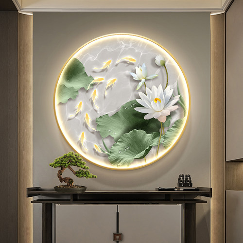 现代简约九鱼图玄关装饰画客厅入户门荷花壁灯画走廊过道圆形挂画 - 图3