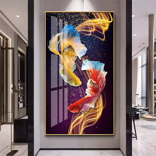 新款玄关装饰画九鱼图风水墙画竖版走廊过道客厅挂画招财双锦鲤鱼 - 图0