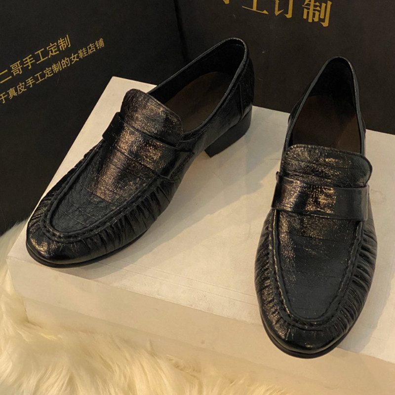 真皮复古金色褶皱鳗鱼皮单鞋软面奶奶鞋一脚蹬乐福鞋女粗跟小皮鞋,淘宝优惠券,粉丝福利购,淘宝优惠卷