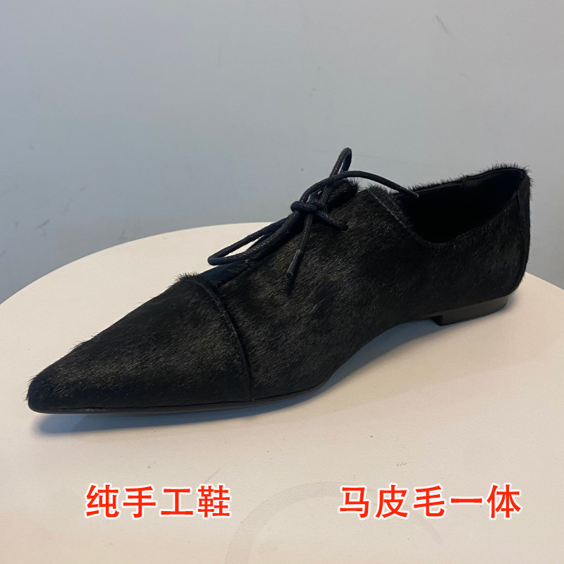 真皮尖头马毛平底鞋女早春新款尖头小皮鞋英伦风系带百搭真皮单鞋,淘宝优惠券,粉丝福利购,淘宝优惠卷