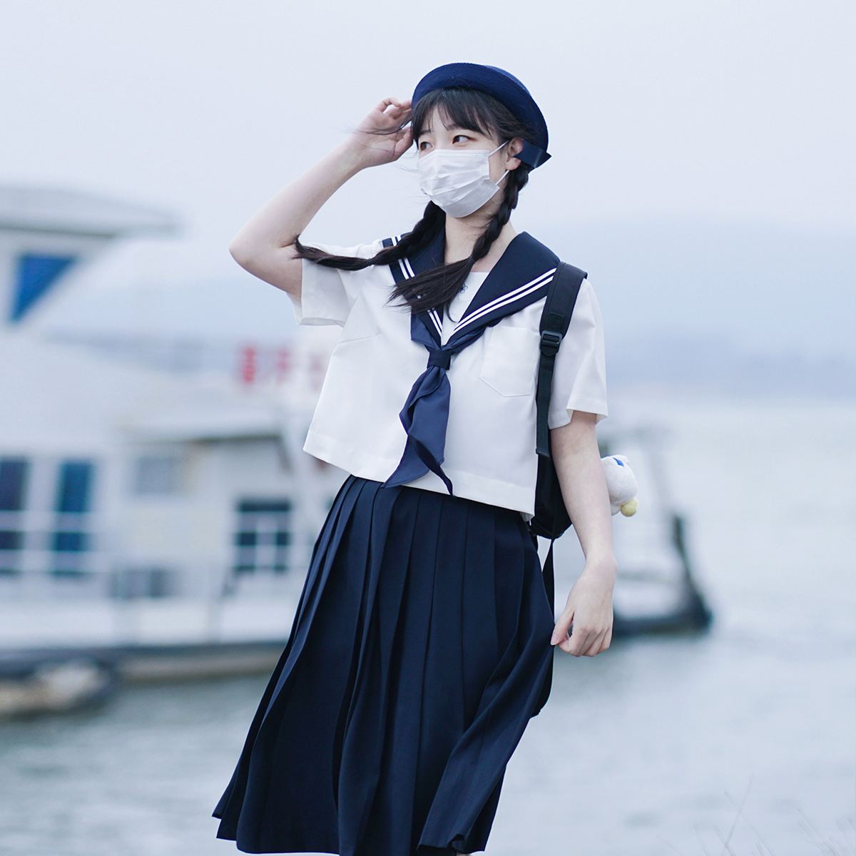 樱花家族JK制服【白二本】双胸挡绀色基础款水手服上衣套装短袖女 - 图2