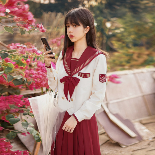 樱花家族jk制服【年年岁岁】酒红水手服新年冬服中间服长袖套装女 - 图1