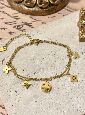 跨境小众设计感手链女双层老花流苏不掉色轻奢百搭气质可叠戴