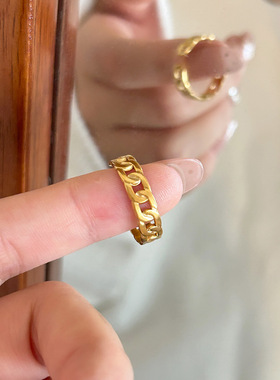 欧美跨境简约设计戒指女链条开口可调节简约食指指环钛钢不掉色