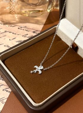 微镶锆石项链女中古风感拉丝鸢尾花百搭小众设计水滴锁骨链