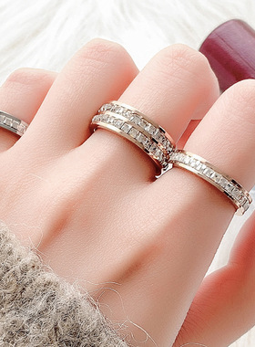 欧美个性单双排指女钛钢满钻时尚指环小众不掉色满天星首饰