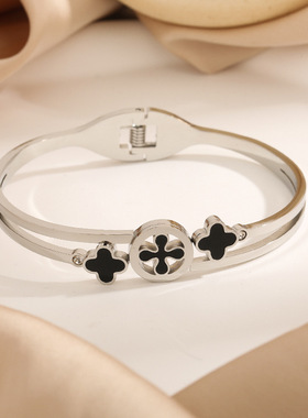 韩版黑贝四叶草钛钢对钻手镯女