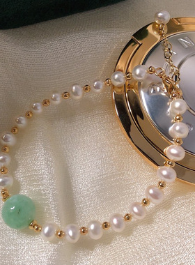 批发天然淡水珍珠15+3cm可调节豆绿玉石翡翠时尚百搭手链4.5-5mm