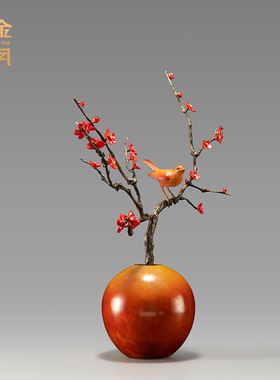 铜艺坊喜鹊登梅花束黄铜摆件电视柜玄关腊梅树花艺插花装饰品摆件