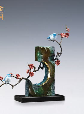 铜艺坊喜上眉梢腊梅花鸟铜摆件办公室老板桌小鸟彩金属彩铜工艺品