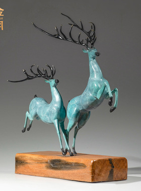 铜艺坊超越双鹿黄铜金属摆件工艺品新中式家居客厅玄关装饰彩铜器