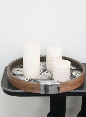 现代简约胡桃木色马毛圆形托盘装饰品桌面茶几创意摆件民宿样板间