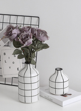 现代简约陶瓷花瓶INS小口黑白纹家居饰品摆件北欧风格插花花器