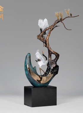 铜艺坊松鹤延年黄铜摆件长辈生日祝寿礼物金属彩铜仙鹤摆件装饰品