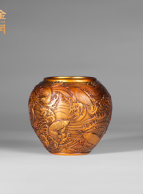 铜艺坊财库天财黄铜缸摆件招财聚福缸铜器家居摆件书房办公室摆件