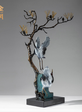 铜艺坊松鹤延年仙鹤铜摆件金属黄铜仙鹤工艺品贺寿祝福老人长辈礼