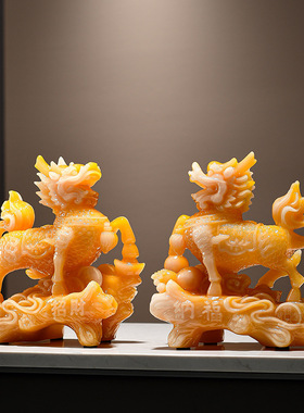 高档麒麟一对现代新中式电视柜玄关办公室装饰摆件仿玉色树脂材质