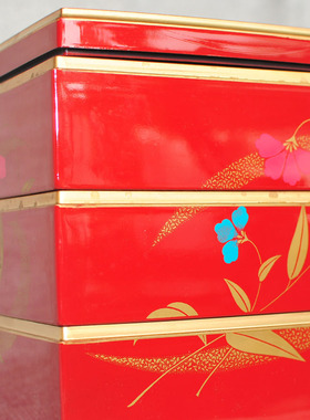 日本中古红花三层金边可叠放漆盒