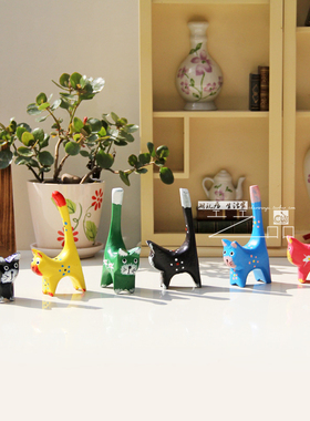 木制装饰东南亚手绘小猫摆件