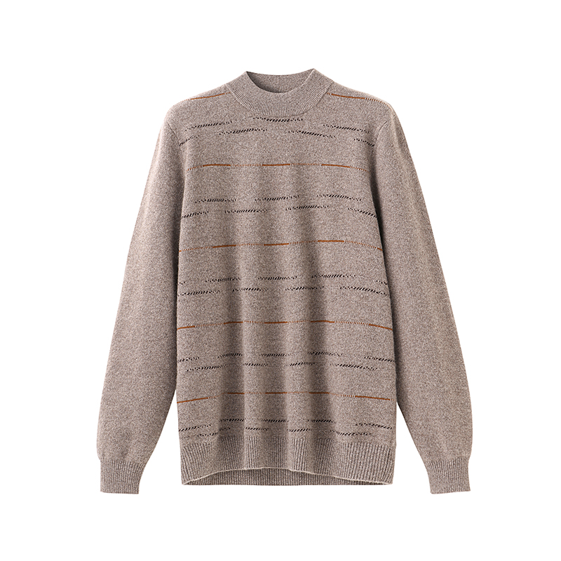 日神新款圆领羊绒衫男100纯羊绒冬季加厚复古条纹毛衣提花针织衫 - 图3