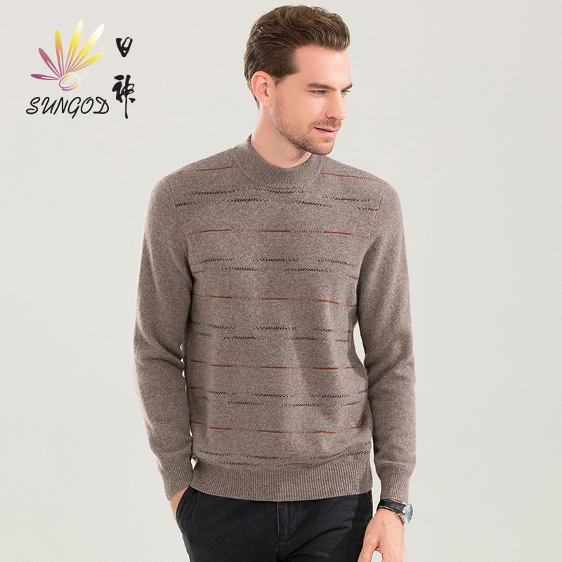 日神新款圆领羊绒衫男100纯羊绒冬季加厚复古条纹毛衣提花针织衫 - 图0