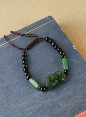 天然新疆和田玉老坑菠菜绿碧玉貔貅手链男女款玉石手串证书