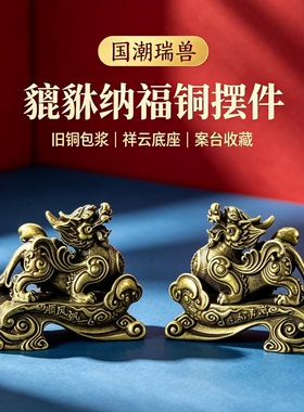 一帆风顺复古纯黄铜公母一对貔貅店铺开业招财守财家里摆件工艺品