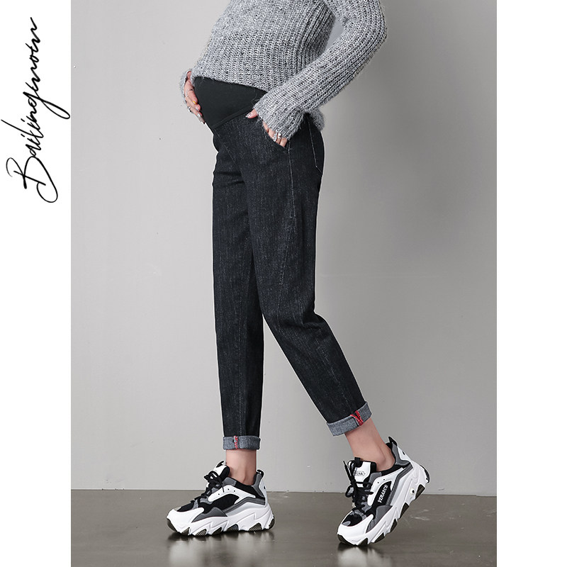 孕妇裤春秋时尚宽松老爹九分牛仔裤 百伶妈妈孕妇直筒裤