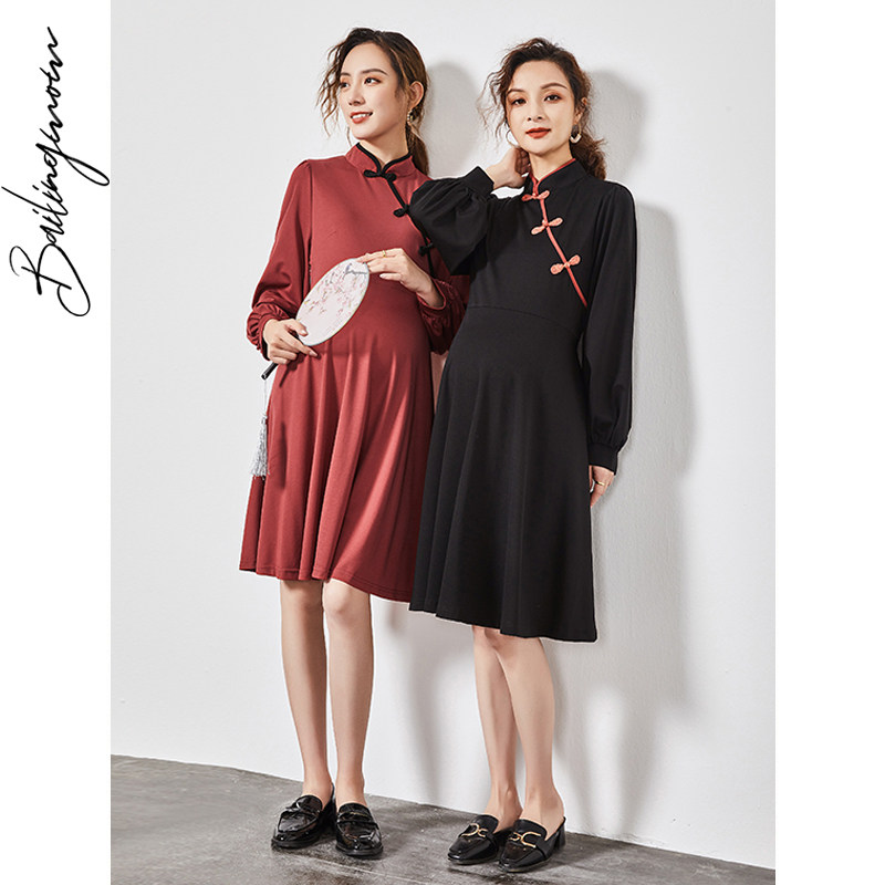 孕妇装秋装中国风改良孕妇连衣裙 百伶妈妈连衣裙