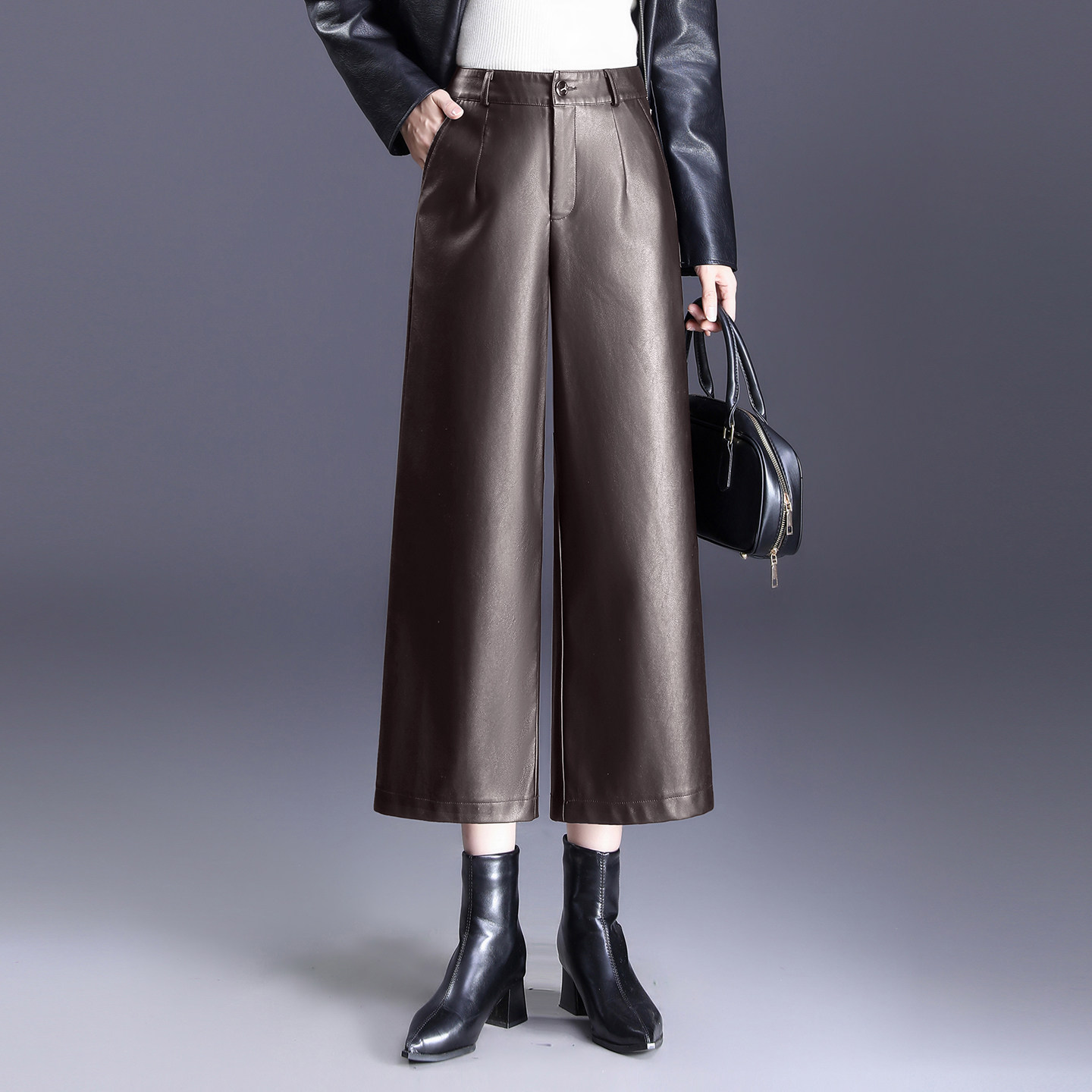 加绒八分裤女皮裤秋冬新款加厚直筒裤高腰显瘦宽松小个子阔腿裤子,淘宝优惠券,粉丝福利购,淘宝优惠卷