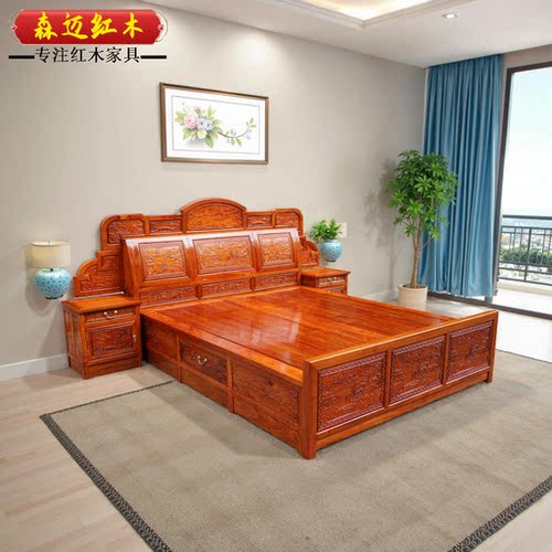 缅甸花梨红木大果紫檀原木床加厚独板全榫卯结构明清古典山水 - 图1